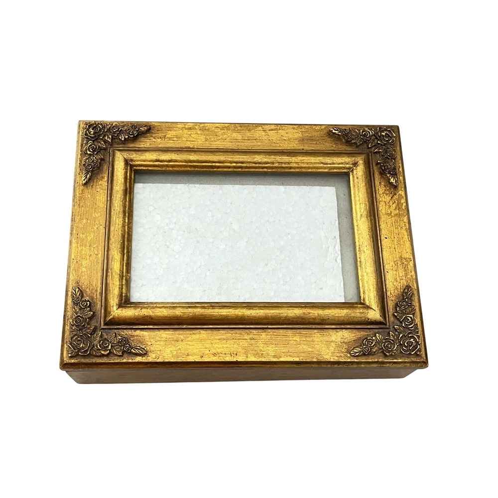Vintage Jewelry Box Picture Frame Lid Gold Rose Floral Trim 9x7in Keepsake